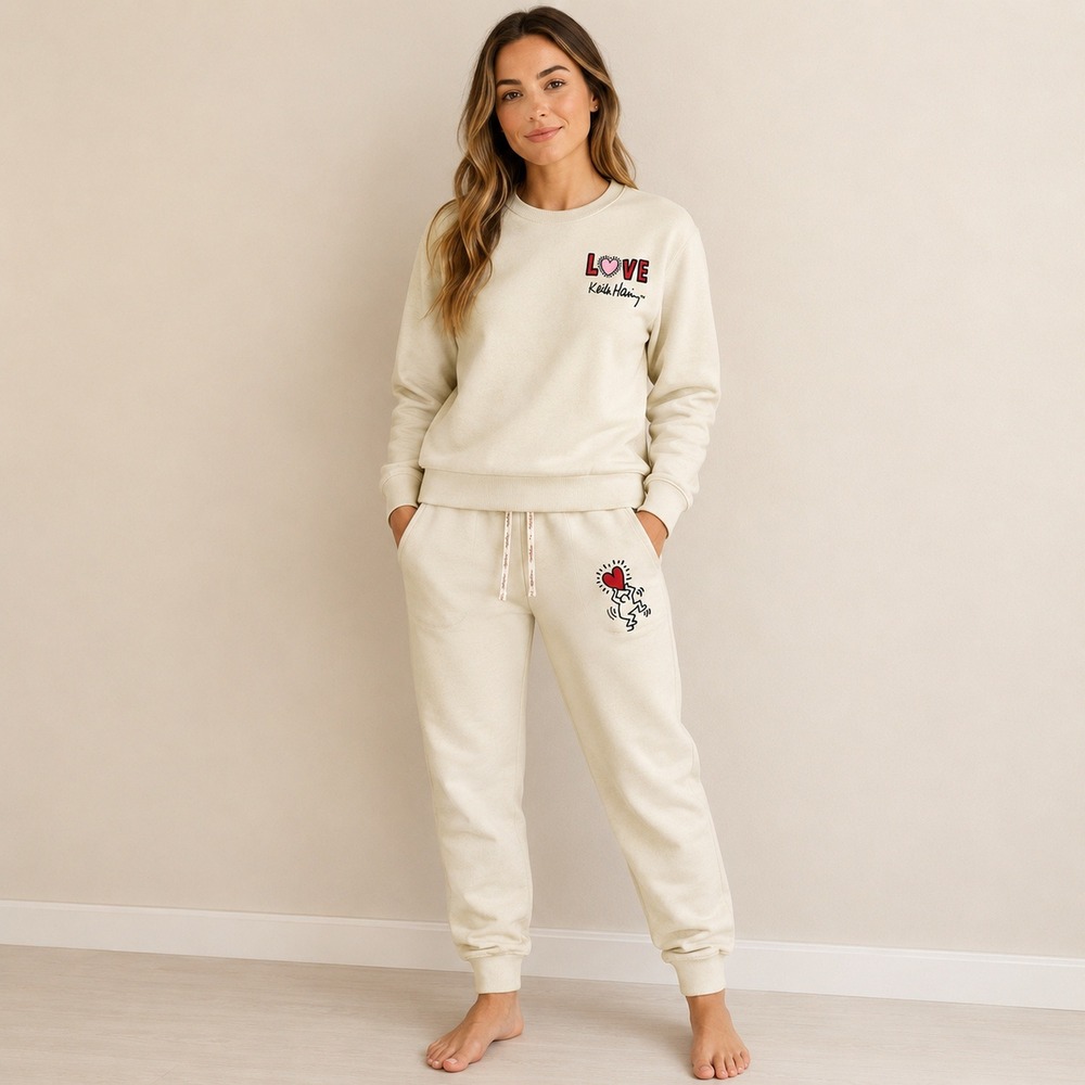 Keith Haring Love Graphic Sweatshirt and Joggers Loungewear Set Cream Small - Picture 3 of 5
